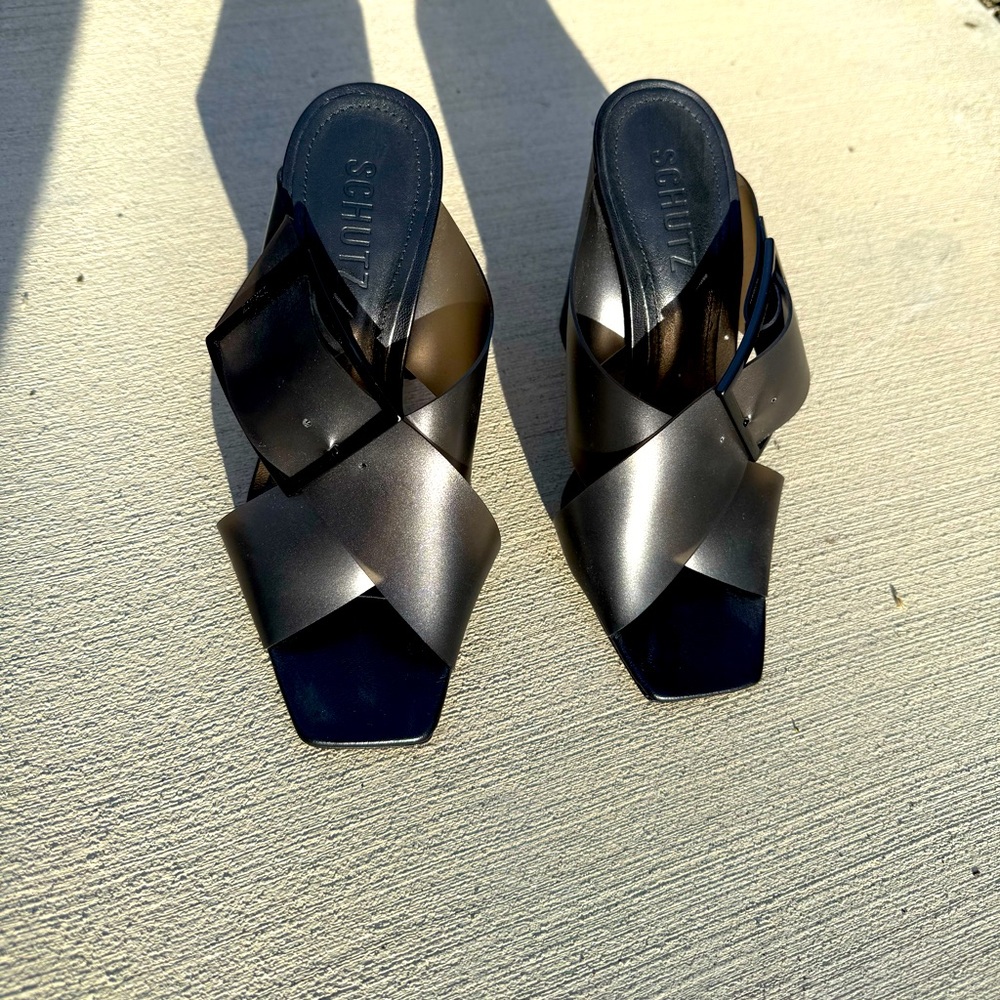 Schutz black block heel sandals
